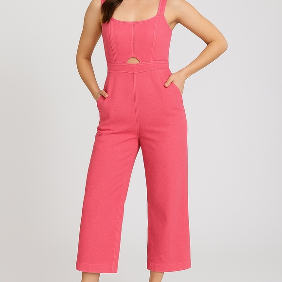 Copper Key Pink Stretch Denim Wide-Leg Jumpsuit with Cutout – Size S, NWT - Picture 1 of 13